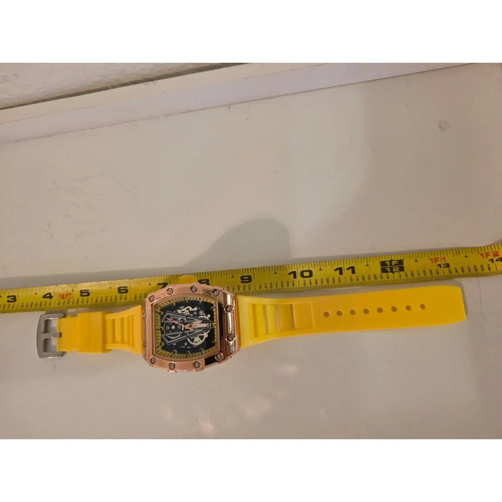 Rose Gold Tone Skeleton Dial Watch Yellow Silicone Strap Tonneau Case Sport